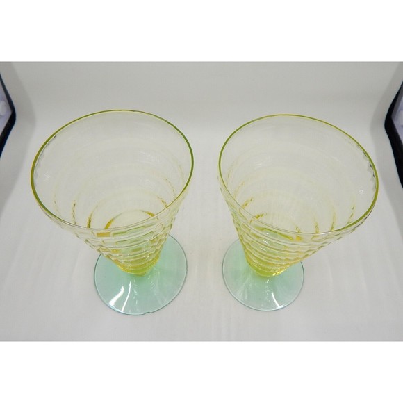 Utility Glass Works Cambodia Ware Vaseline Green Foot Ice Tea Water Goblet Set 4 - Picture 4 of 16
